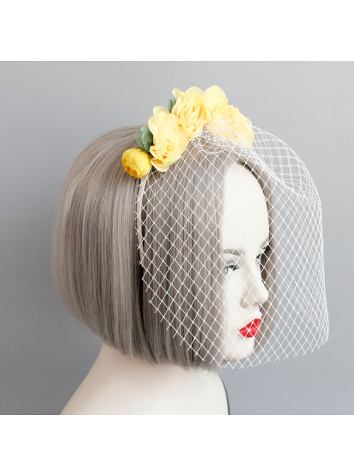 Fashion Retro Personality Bride Yellow Fabric Flower White Veil Female Headband