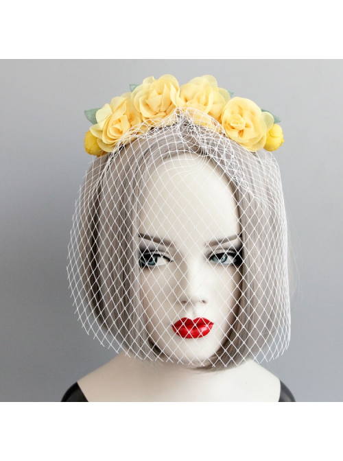 Fashion Retro Personality Bride Yellow Fabric Flower White Veil Female Headband