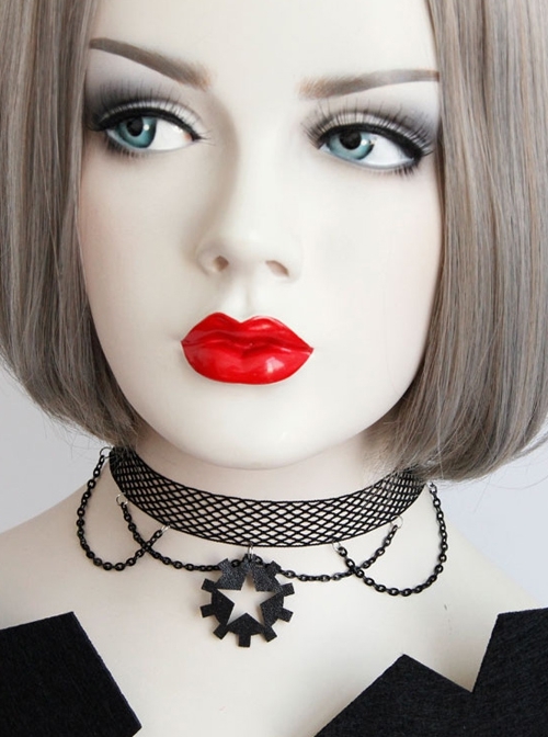 Punk Retro Fashion Personality Black Female Star Tassel Gear Mesh Collar