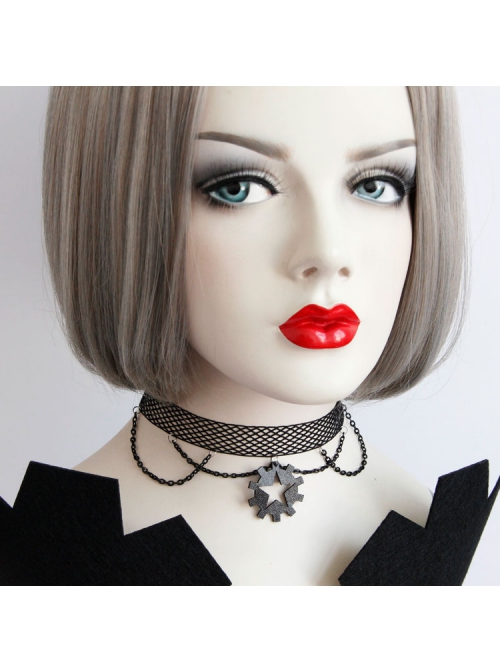 Punk Retro Fashion Personality Black Female Star Tassel Gear Mesh Collar