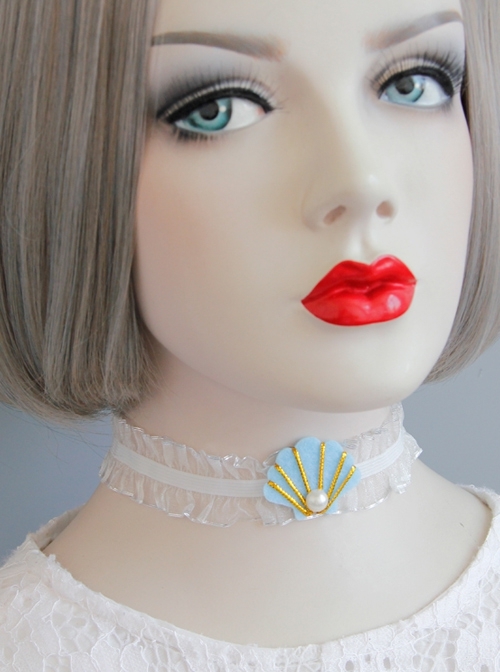 Seaside Travel Fashion White Fabric Blue Shell Pearl Lace Female Elastic Collar