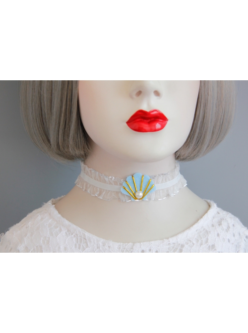 Seaside Travel Fashion White Fabric Blue Shell Pearl Lace Female Elastic Collar