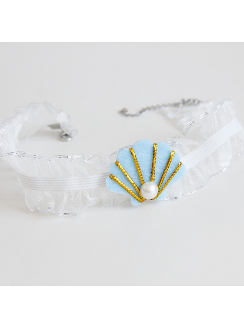 Seaside Travel Fashion White Fabric Blue Shell Pearl Lace Female Elastic Collar