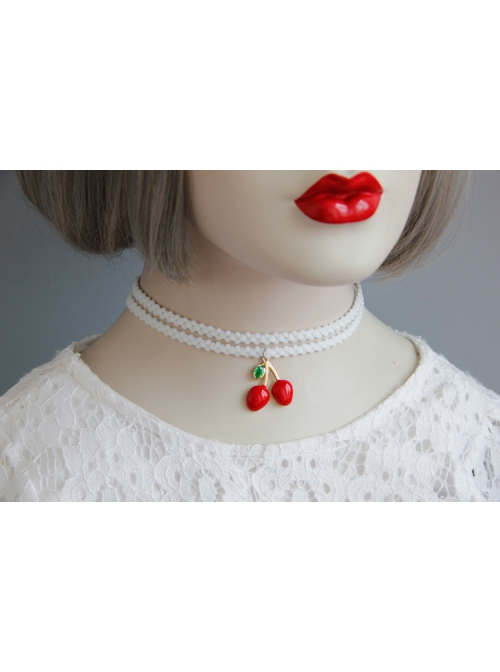Fashion Retro Personality Red Cherry White Double Layer Female Elastic Collar