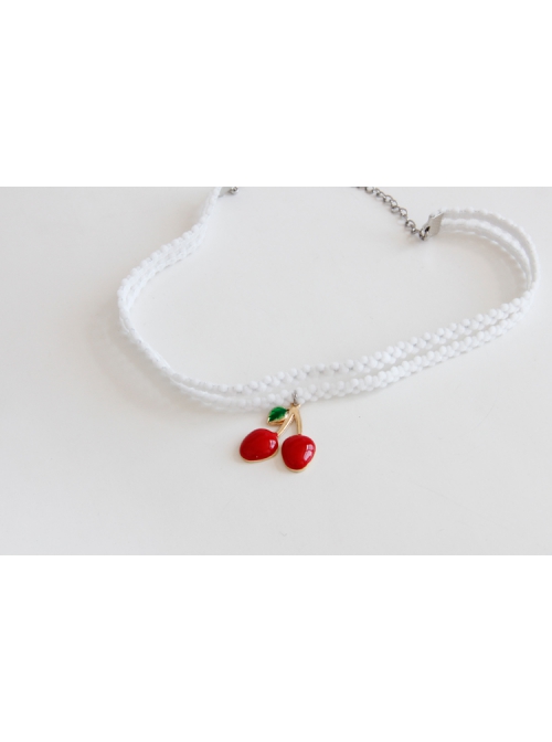 Fashion Retro Personality Red Cherry White Double Layer Female Elastic Collar