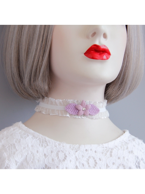 Lolita Girl Cute Fashion Personality Purple Flower White Lace Elastic Collar