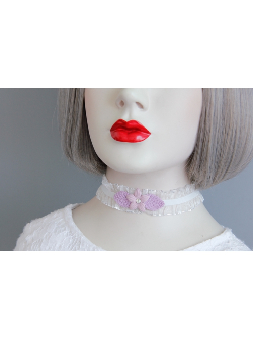Lolita Girl Cute Fashion Personality Purple Flower White Lace Elastic Collar