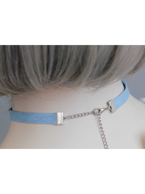 Fashion Pearl Blue Flowers Denim Cord Leisure Simple All-Match Female Collar