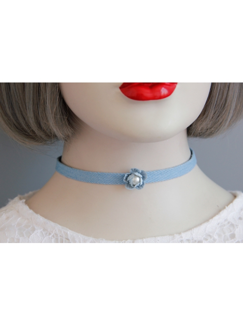 Fashion Pearl Blue Flowers Denim Cord Leisure Simple All-Match Female Collar