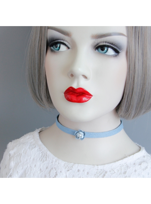 Fashion Pearl Blue Flowers Denim Cord Leisure Simple All-Match Female Collar