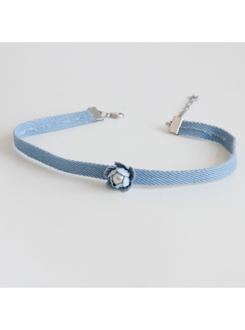 Fashion Pearl Blue Flowers Denim Cord Leisure Simple All-Match Female Collar