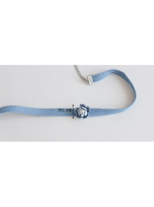 Fashion Pearl Blue Flowers Denim Cord Leisure Simple All-Match Female Collar