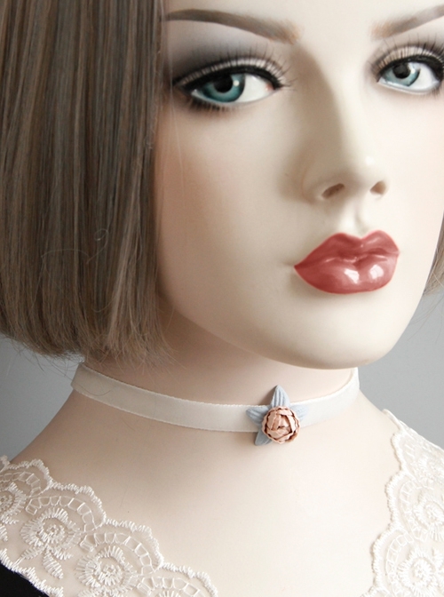 Fashion Retro Casual Cute White Velvet Rope Pink Flowers Fine Female Short Necklace