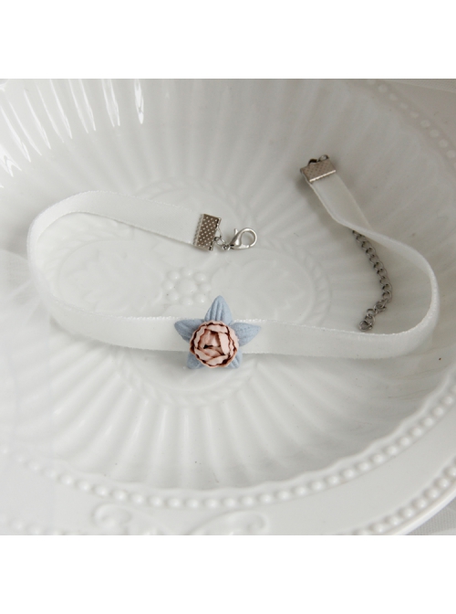 Fashion Retro Casual Cute White Velvet Rope Pink Flowers Fine Female Short Necklace
