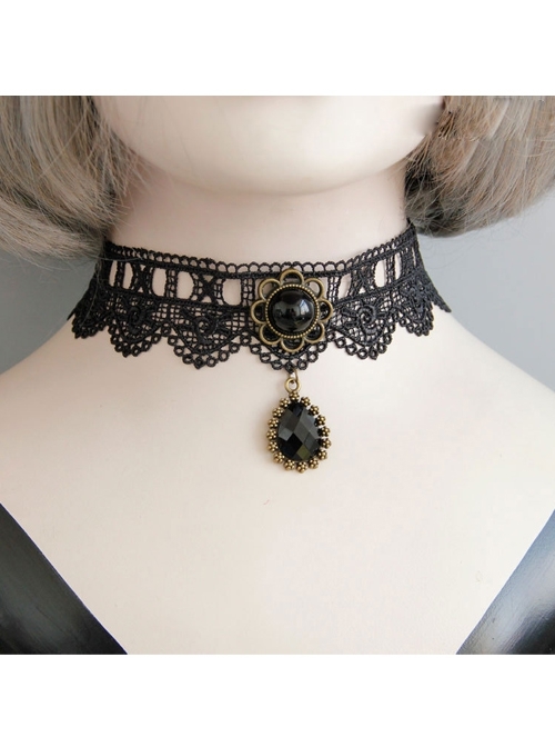 Retro Gothic Fashion Personality Black Lace Flower Drop Diamond Female Collar