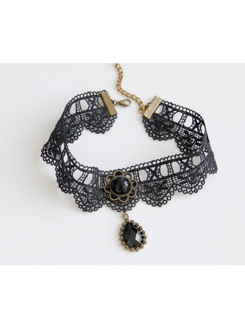 Retro Gothic Fashion Personality Black Lace Flower Drop Diamond Female Collar