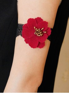 Gothic Retro Fashion Personality Black Elastic Lace Red Flower Handmade Female Armband