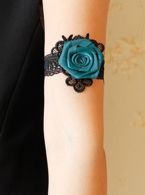 Personality Creative Gothic Retro Blue Rose Flower Elastic Black Lace Female Armband