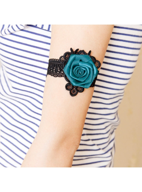 Personality Creative Gothic Retro Blue Rose Flower Elastic Black Lace Female Armband