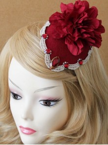 Bride Fashion Retro Personality Red Flower Gemstone Gold Lace Top Hat Hairpin