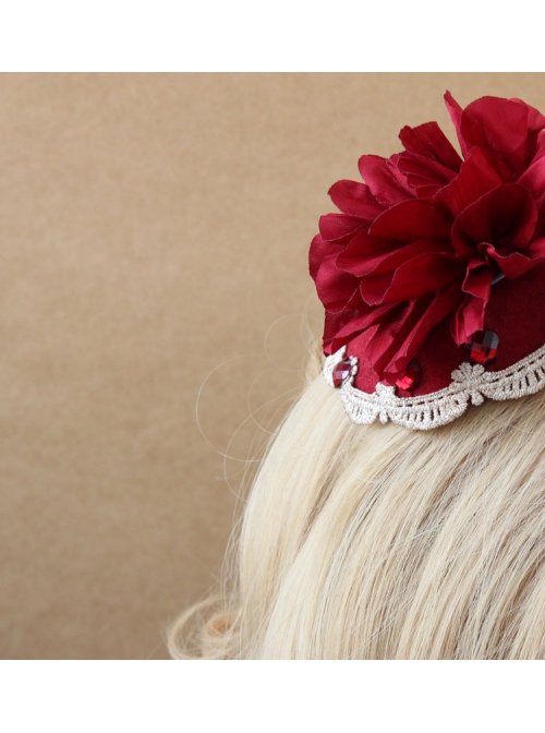 Bride Fashion Retro Personality Red Flower Gemstone Gold Lace Top Hat Hairpin