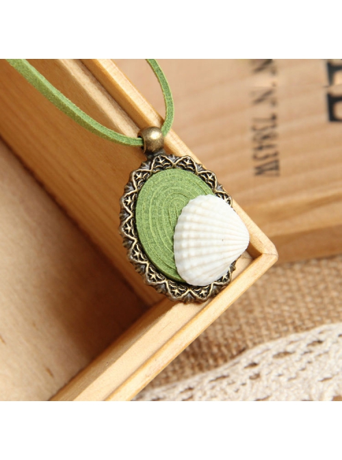Retro Fashion All-Match Personality Green Pendant White Shell Velvet Rope Female Long Necklace
