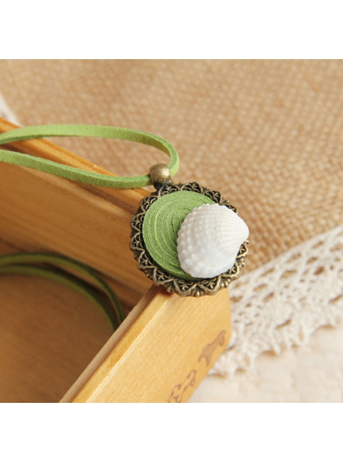 Retro Fashion All-Match Personality Green Pendant White Shell Velvet Rope Female Long Necklace