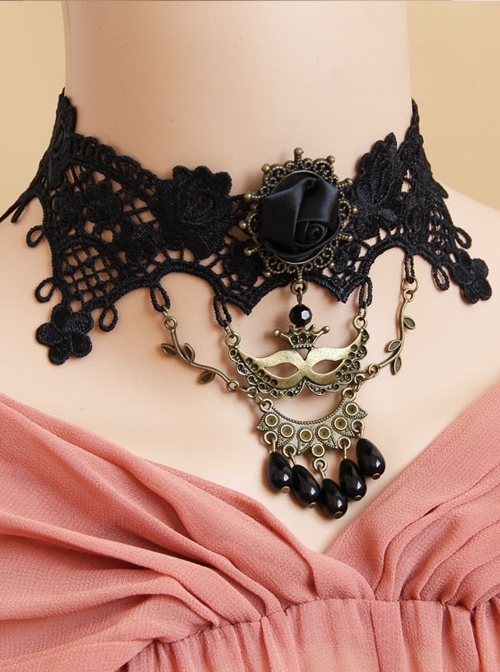 Gothic Punk Fashion Retro Prom Mask Black Rose Flower Pearl Lace Female Choker