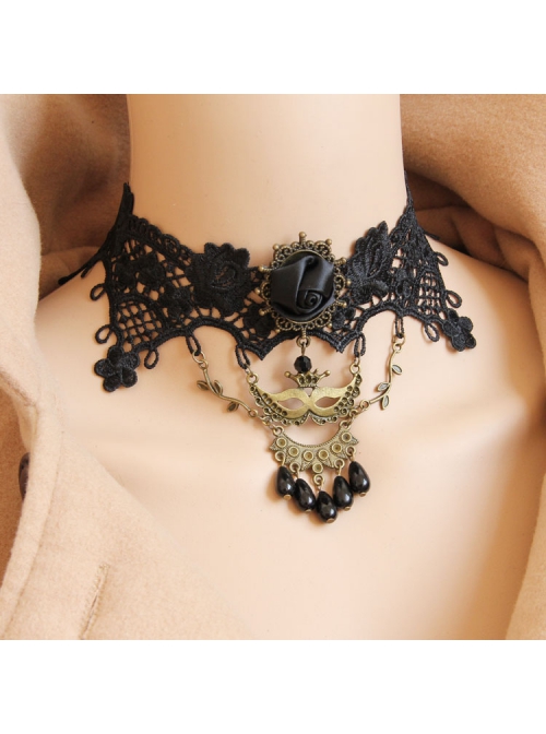 Gothic Punk Fashion Retro Prom Mask Black Rose Flower Pearl Lace Female Choker