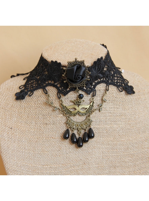 Gothic Punk Fashion Retro Prom Mask Black Rose Flower Pearl Lace Female Choker