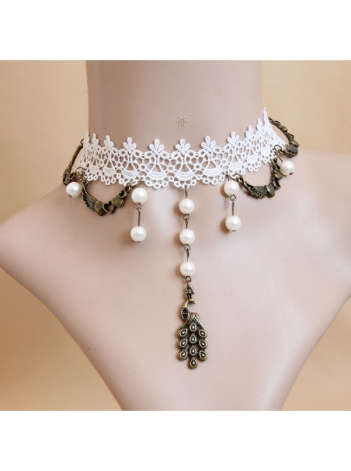 Exaggerated Baroque Retro Personality Love Wings Peacock White Lace Pearl Fashion Female Short Necklace