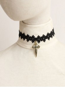 Cute Fashion Retro Personality Black Lace Flower Cross Pendant Female Collar