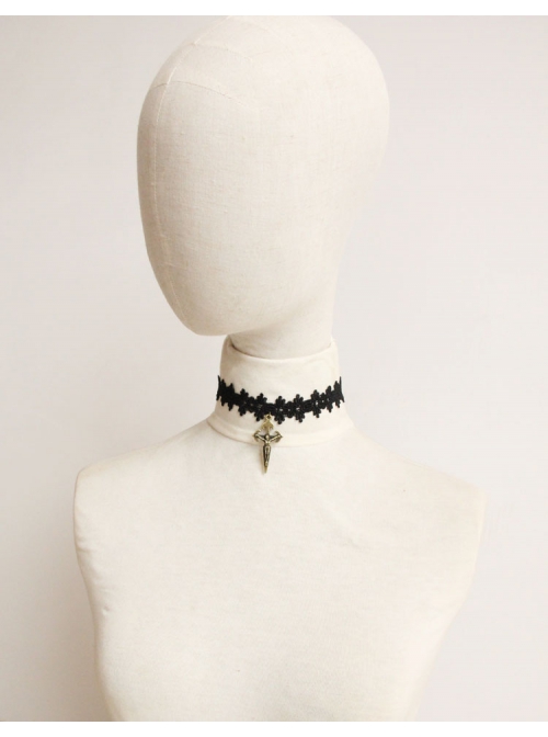 Cute Fashion Retro Personality Black Lace Flower Cross Pendant Female Collar
