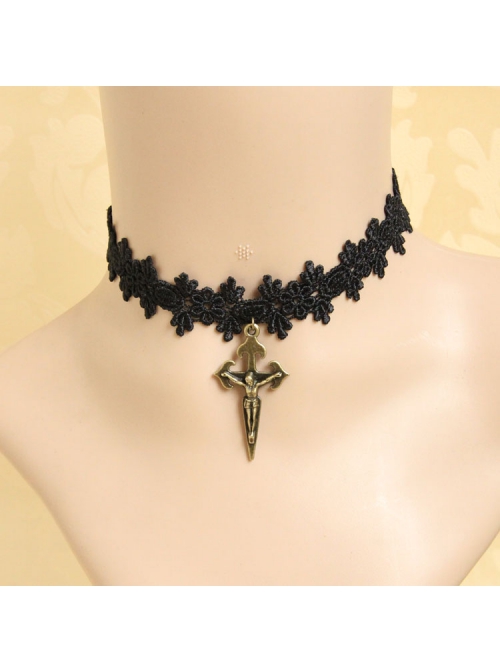 Cute Fashion Retro Personality Black Lace Flower Cross Pendant Female Collar