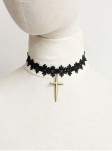 Gothic Retro Fashion Personality Vampire Cross Pendant Black Lace Female Choker