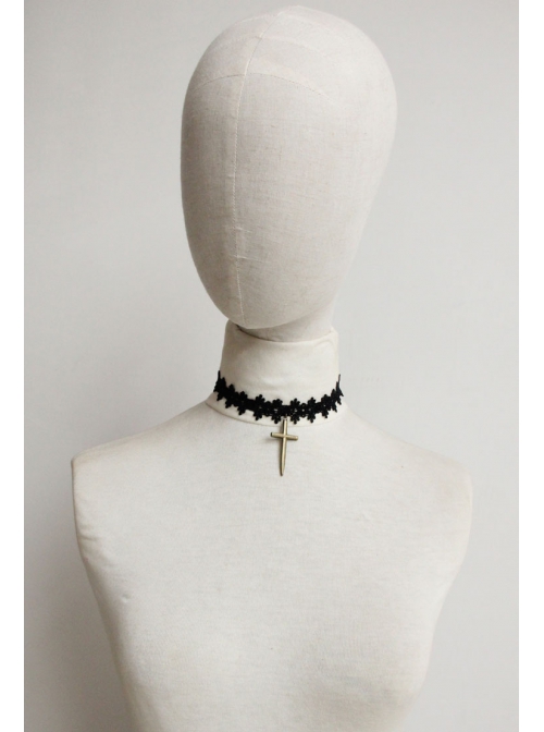 Gothic Retro Fashion Personality Vampire Cross Pendant Black Lace Female Choker