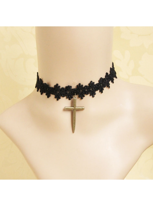Gothic Retro Fashion Personality Vampire Cross Pendant Black Lace Female Choker