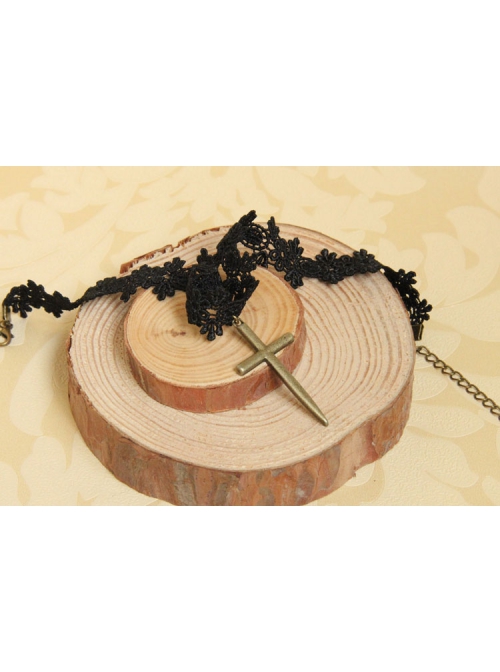 Gothic Retro Fashion Personality Vampire Cross Pendant Black Lace Female Choker