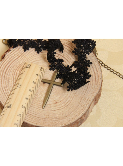 Gothic Retro Fashion Personality Vampire Cross Pendant Black Lace Female Choker