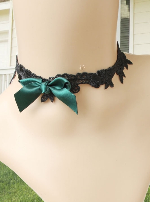 Creative Retro Fashion Personality Lolita Dark Green Bow Female Black Lace Choker