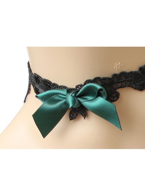 Creative Retro Fashion Personality Lolita Dark Green Bow Female Black Lace Choker