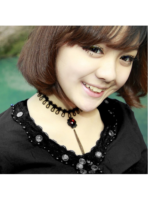 Exaggerated Vampire Retro Gothic Fashion Ruby Black Lace Flower Tassel Female Choker
