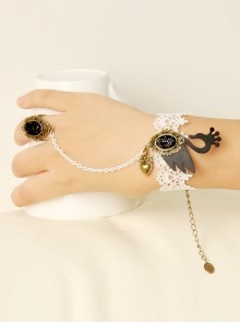 Handmade Retro Fashion Love Black Swan White Lace Female Bracelet With Ring One Chain