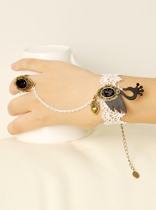Handmade Retro Fashion Love Black Swan White Lace Female Bracelet With Ring One Chain