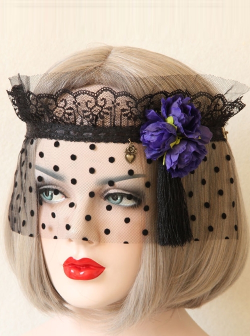 Party Halloween Christmas Retro Fashion Female Love Purple Flowers Tassel Black Veil Mask