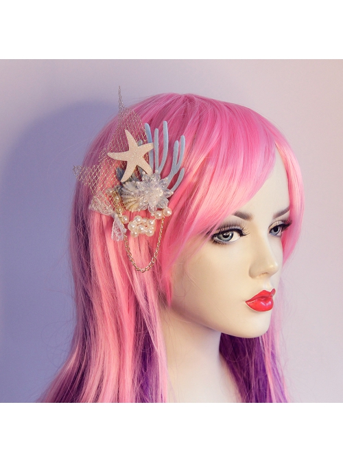 Fashion Rest Mermaid Starfish Artificial Crystal Seashell Blue Coral Tassel Party Seaside Hairpin