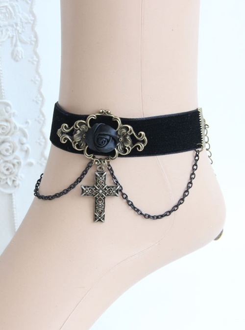 Elegant Retro Court Gothic Fashion Black Velvet Ribbon Rose Flower Tassel Cross Pendant Female Anklet