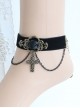Elegant Retro Court Gothic Fashion Black Velvet Ribbon Rose Flower Tassel Cross Pendant Female Anklet