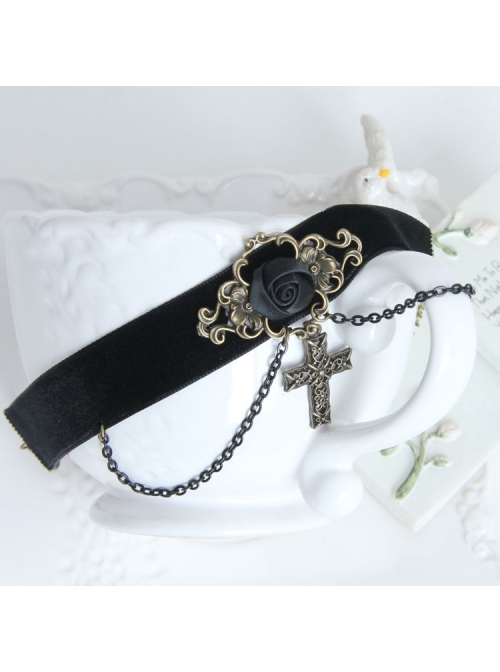 Elegant Retro Court Gothic Fashion Black Velvet Ribbon Rose Flower Tassel Cross Pendant Female Anklet