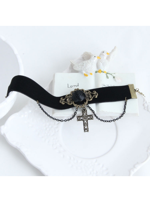 Elegant Retro Court Gothic Fashion Black Velvet Ribbon Rose Flower Tassel Cross Pendant Female Anklet